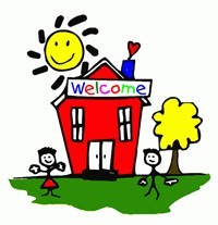 Graphic of a red schoolhouse with a welcome sign