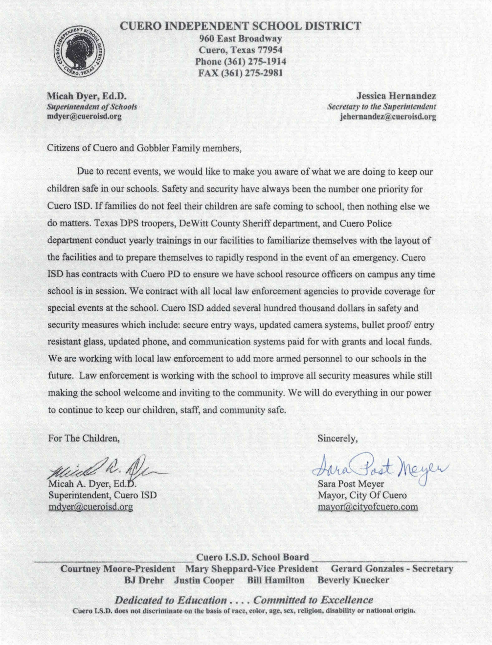 Click here to read the PDF of the letter from Micah Dyer and Sara Post Meyer